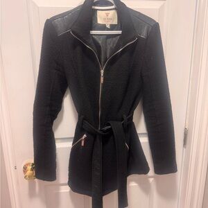 GUESS Black Textured Belted Trench Coat with Zip Accents